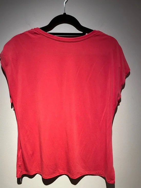 JEANNE PIERRE Women’s Coral Pink V‑Neck Short Sleeve Top with Ruched Tie Sleeves - Picture 8 of 8